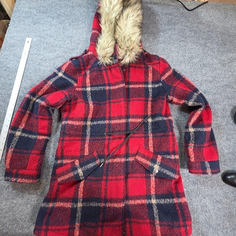 American Eagle Womens Red Plaid Wool Hooded Parka Faux Fur Trim Coat Medium